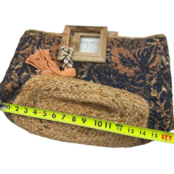 Natural Jute Woven Tote Peach Black 19”x14” Square Wood Handle Shell Tassel - Picture 11 of 16